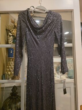 Black Sequin Cowl-Neck Long-Sleeve Maxi Dress